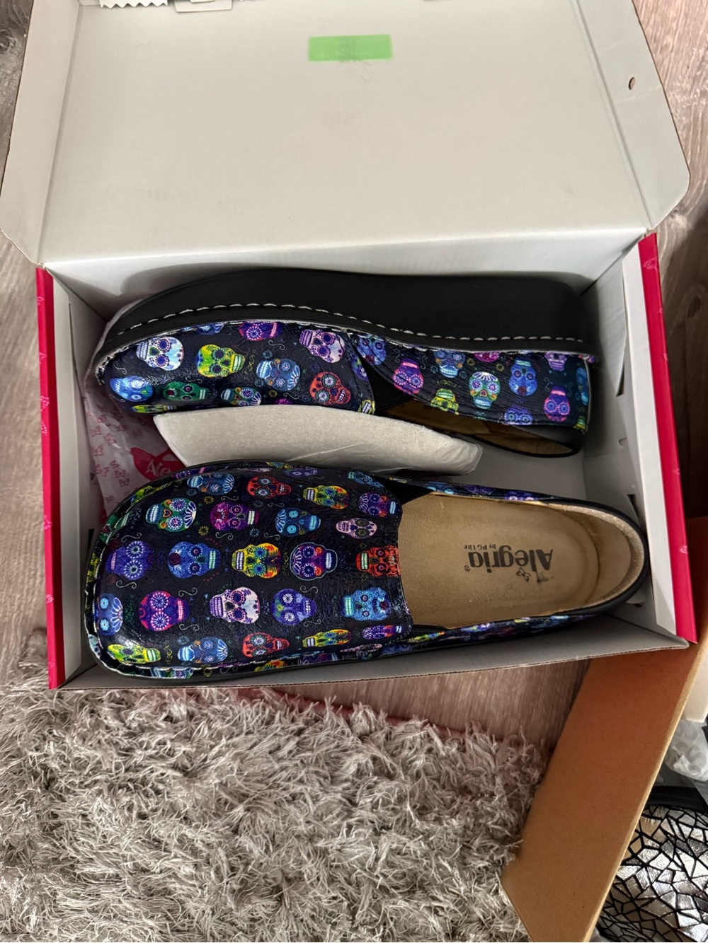 Alegria Kids Black Slip-On Shoes with Colorful Skull Pattern
